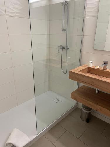 a bathroom with a glass shower with a sink at H&ocirc;tel Pyr&egrave;ne in Foix