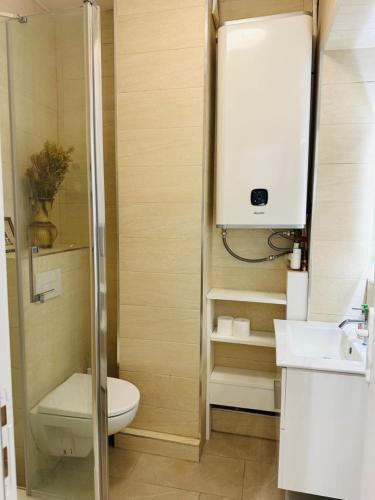 une salle de bain avec toilettes, douche et lavabo dans l'établissement 3 lits, 2 pièces proche de la rue Mouffetard, à Paris