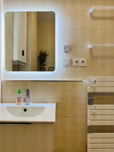 une salle de bain avec un lavabo et un miroir dans l'établissement 3 lits, 2 pièces proche de la rue Mouffetard, à Paris