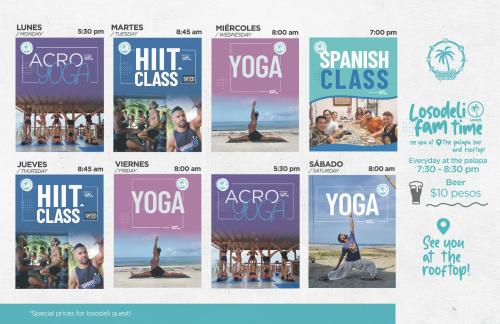 a collage of photos of a woman doing yoga on the beach at Casa Losodeli & Coworking- Adults Only in Puerto Escondido