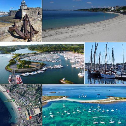 un collage de photos d'un port avec des bateaux dans l'établissement FLOREVA 22 entre Plage et Thalasso - Internet fibre, à Concarneau
