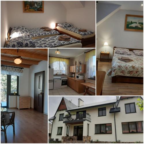 a collage of four pictures of a room at Wichrowe Wzgórza in Strzebowiska