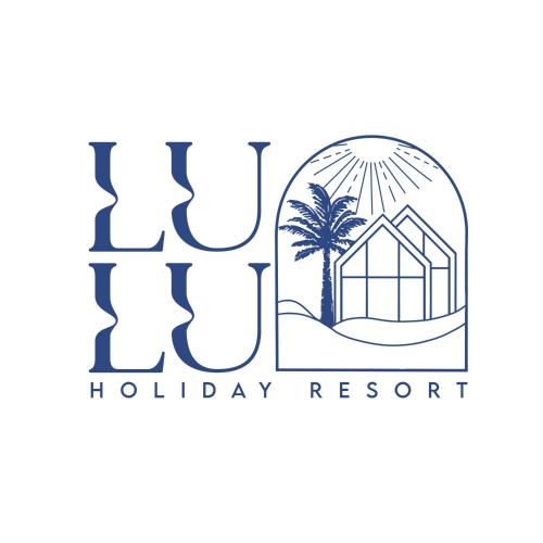 a label for a holiday resort with a house and palm tree at Lulu Holiday Resort domki z podgrzewanym Basenem in Mielno