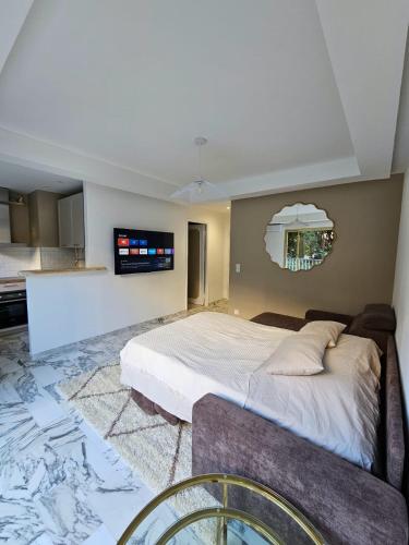 - une chambre avec un grand lit et une télévision dans l'établissement Charmant studio centre de Cannes, à Cannes