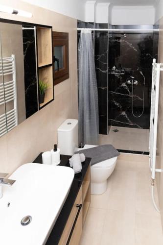 a bathroom with a sink and a toilet and a shower at Το Σπίτι της Γιαγιάς 1 (Grandma's House 1) in Kondopoúlion