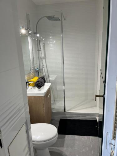 une salle de bain blanche avec douche et toilettes dans l'établissement Studio cocooning petite vue mer, à Cabourg