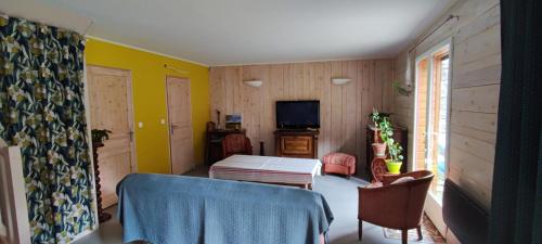 a living room with yellow walls and a television at Le Pré de Maulène in Tence