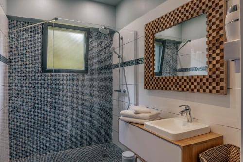 une salle de bain avec un lavabo et une douche avec un miroir dans l'établissement La Maison de l'Homme de Bois, à Gonneville-sur-Honfleur