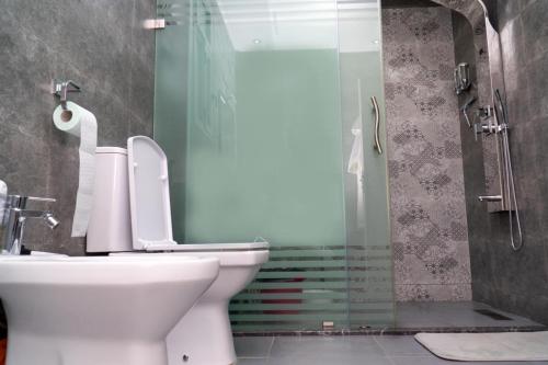 a bathroom with a toilet and a glass shower at Luxury Apartments Tangier in Tangier