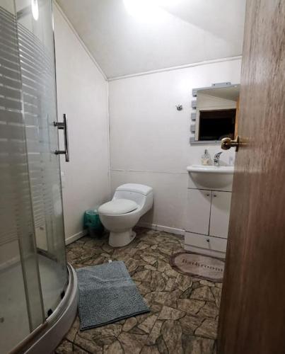 a bathroom with a toilet and a sink at Cabaña, excelente ubicación in Puerto Montt