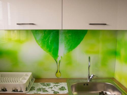 Una cocina con un fregadero con una hoja en la pared. en Apartment Ivon, en Belgrado