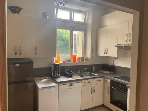 une cuisine avec des armoires blanches, un évier et une fenêtre dans l'établissement Appartement au coeur d'Annecy, à Annecy