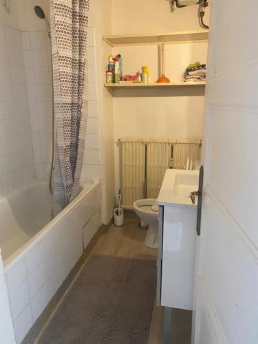 une salle de bain avec une baignoire, des toilettes et un lavabo dans l'établissement Appartement au coeur d'Annecy, à Annecy