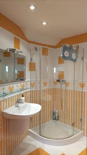 a bathroom with a shower and a sink at La Tebaida in Ponferrada