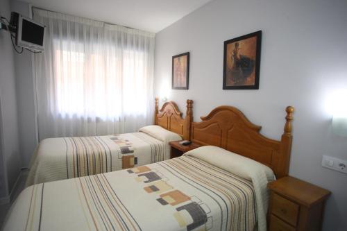 a bedroom with two beds and a television in it at Hostal Santa Barbara in Soria