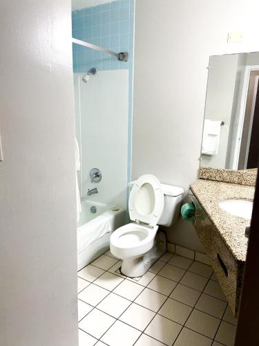 a bathroom with a toilet and a shower and a sink at APM Inn & Suites in Martinsburg