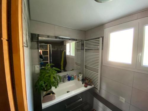 une salle de bain avec un lavabo et un miroir dans l'établissement Gîte cévenol de caractère tout équipé, piscine, aire de jeu et jardin, à Meyrannes