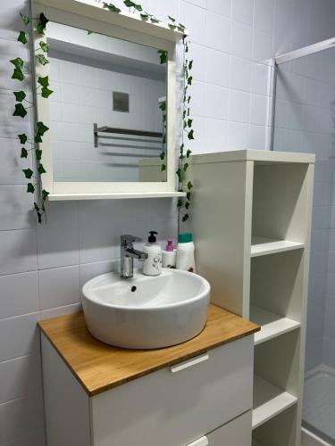 een badkamer met een wastafel en een spiegel bij El estudio de Alejandro in Torre del Mar