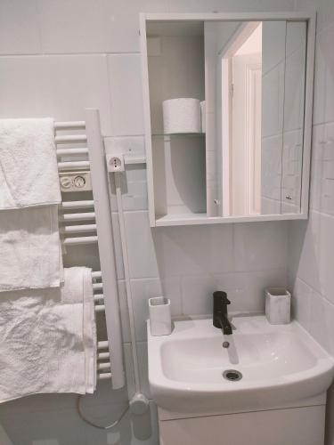 une salle de bain blanche avec un lavabo et un miroir dans l'établissement Appartement proche de Paris Canal,Disney, Netflix, à Aulnay-sous-Bois