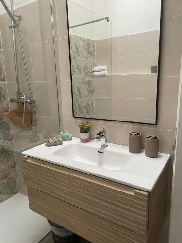 a bathroom with a sink and a mirror at Villa Adele in Valledoria