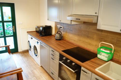a kitchen with a sink and a stove top oven at Penzion Zaječí důl in Mníšek