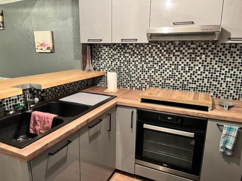 une cuisine avec un évier et une cuisinière four supérieur dans l'établissement location des Roussel, à Vaudherland