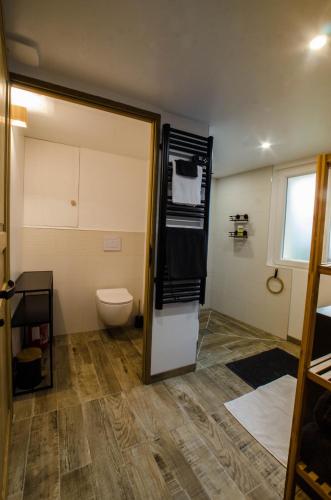 a bathroom with a toilet and a refrigerator with towels at Le Petit Candie in Maisoncelles-en-Brie