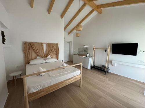 a bedroom with a bed and a flat screen tv at NikLuDin suites & studios in Laganas