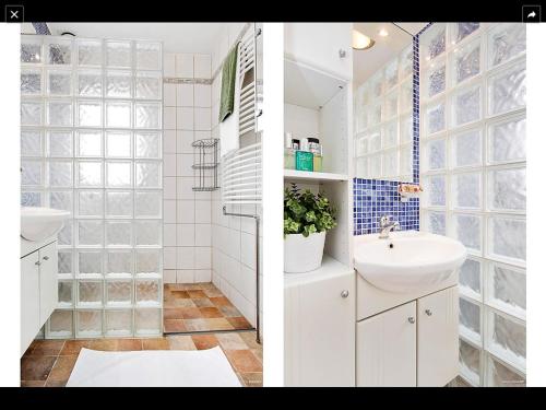 two pictures of a bathroom with a sink and a mirror at Landvetter BnB in Härryda