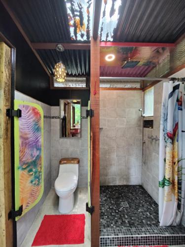 a bathroom with a toilet in a room at Toucan Hideout with Plunge Pool in Puerto Viejo