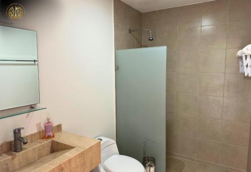 a bathroom with a sink and a toilet and a shower at Departamento Puerta al Mar, Veracruz in Conchal