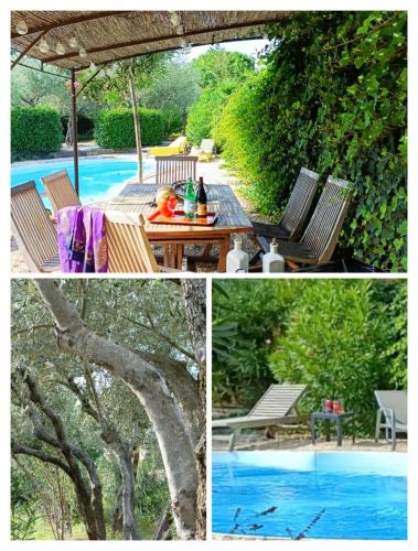 un collage de photos avec une table et une piscine dans l'établissement Villa entre Pont du Gard et Uzès, à Castillon-du-Gard
