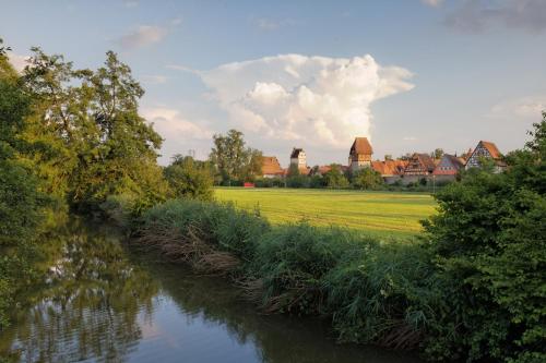 a river with houses and a field in the background at Gemütliche FeWo in Dinkelsbühl in Dinkelsbühl