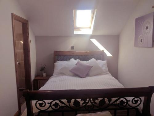 a bedroom with a bed with pillows and a window at Dawel Lodge with Hot Tub and Logfire in Llanferres
