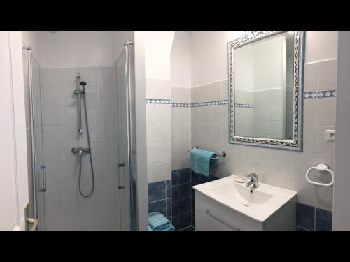 une salle de bain avec un lavabo et une douche avec un miroir dans l'établissement La Bonica , appartement 4 personnes, à Santʼ Andrea-di-Cotone