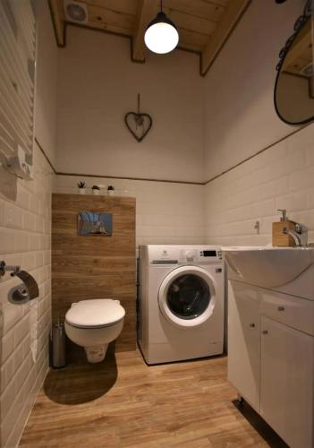 a bathroom with a toilet and a washing machine at Domek na Kaszubach 27-1 - Ostoja Bukowo in Borowy Młyn