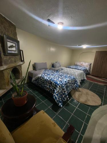 a living room with two beds and a fireplace at LA RRUCA de CHELITA para 6 personas in Baños