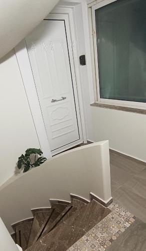 a room with a white door and a potted plant at Irida in Kalymnos