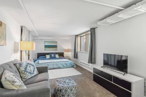 a bedroom with a bed and a tv and a couch at Cave Den Studio in S Minneapolis! in Minneapolis