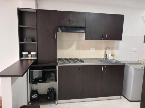アルメニアにあるApartamento Central en Armeniaのキッチン(ブラウンキャビネット、シンク付)