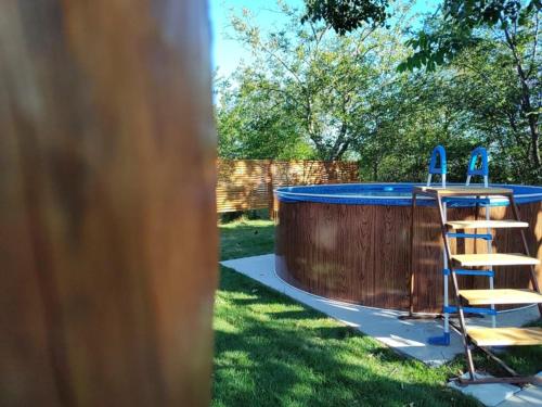 a hot tub in a yard with a ladder next to it at Brvnara Aurora Vista in Velika Remeta