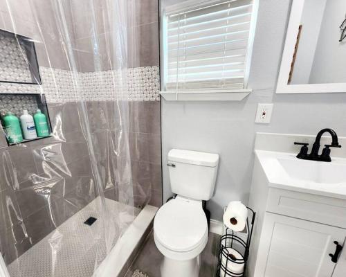 a bathroom with a toilet and a shower and a sink at Green Roof House Studio in Lakeland