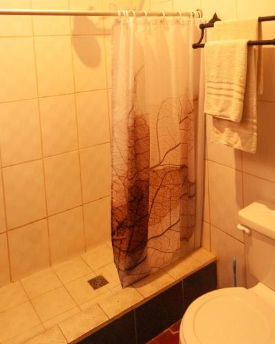 a bathroom with a shower with a broken shower curtain at Tzunun Hostel in Antigua Guatemala