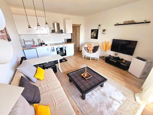 un salon avec un canapé et une table dans l'établissement Doudoute's Cosy Home, à Perpignan