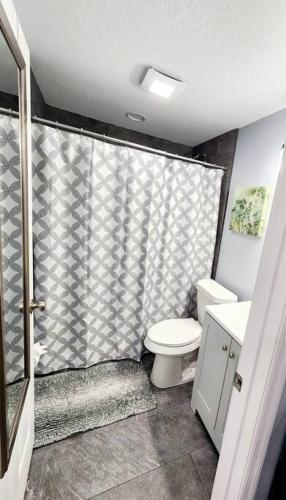 a bathroom with a shower with a toilet and a sink at Studio Grande in Lakeland