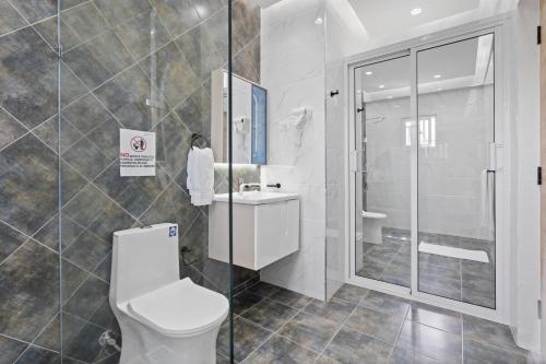 a bathroom with a toilet and a sink and a shower at Hotel Vista Caribe Azúa in Azua de Compostela