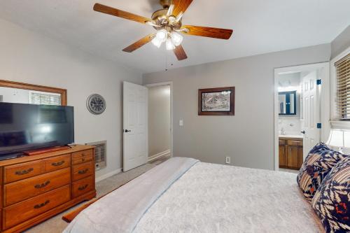 a bedroom with a ceiling fan and a television at Hiawassee Hideaway in Hiawassee