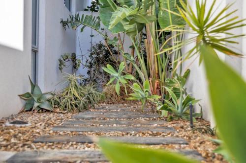 a garden with plants and a stone walkway at Seaside Beach House, luxury 3x2, fire pit, secure garden, pet friendly, sleeps 8, opp cafe in Mandurah