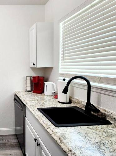 a kitchen counter with a sink and a window at blue door house grand studio in Lakeland