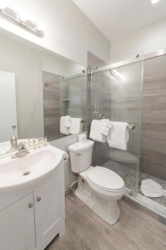 a bathroom with a toilet and a sink and a shower at The Hermitage at Napeague in Amagansett